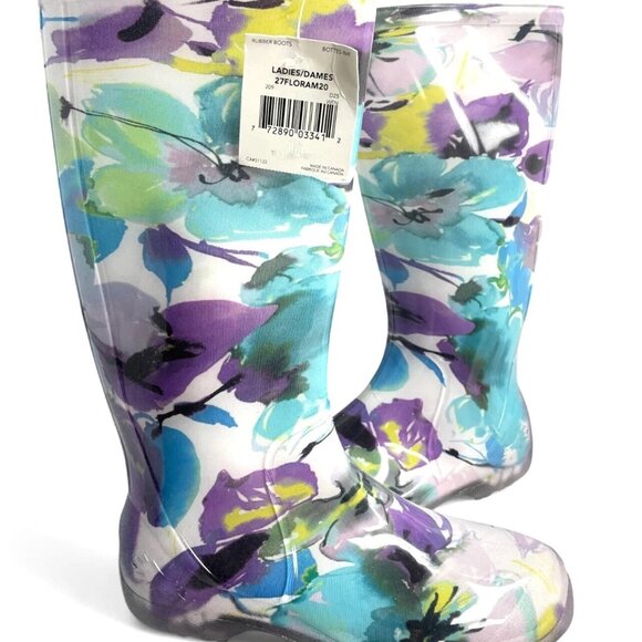 New George Made In Canada Floral Garden Rubber Rain Waterproof Boots Women's 7 - Picture 1 of 10